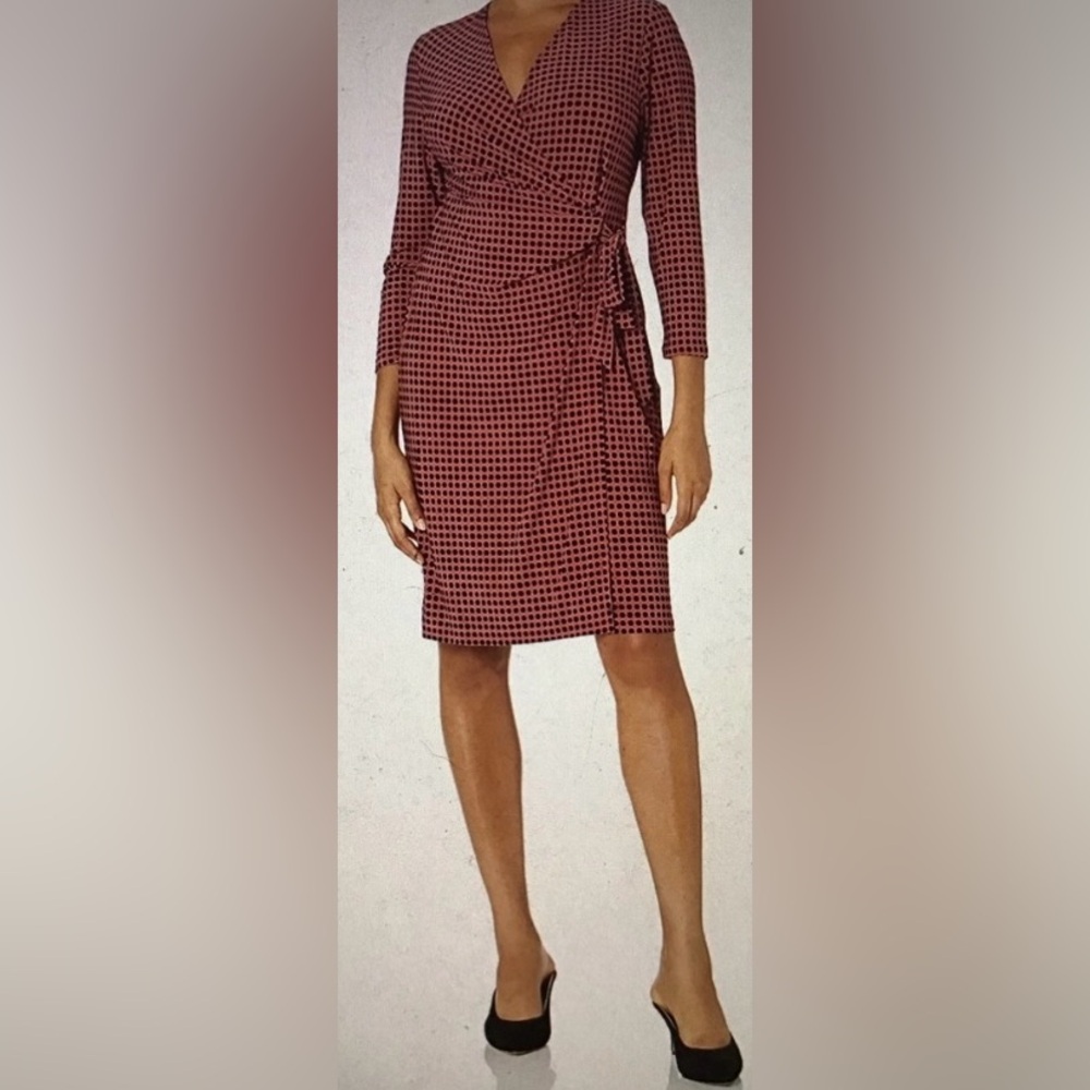 NWOT Anne Klein Classic Faux Wrap Dress Cinnamon & Black Polka Dot - Picture 3 of 14